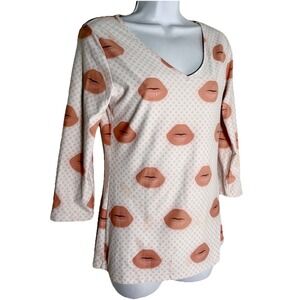 Michelle Parisou Lip Kiss Polka Dot V-Neck Top 3/4 Sleeve Ever-Dry M Resortwear